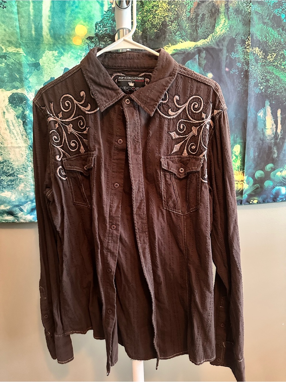 POP ICON CLOTHING Brown Button-Up Shirt with Embroidered Collar Detail